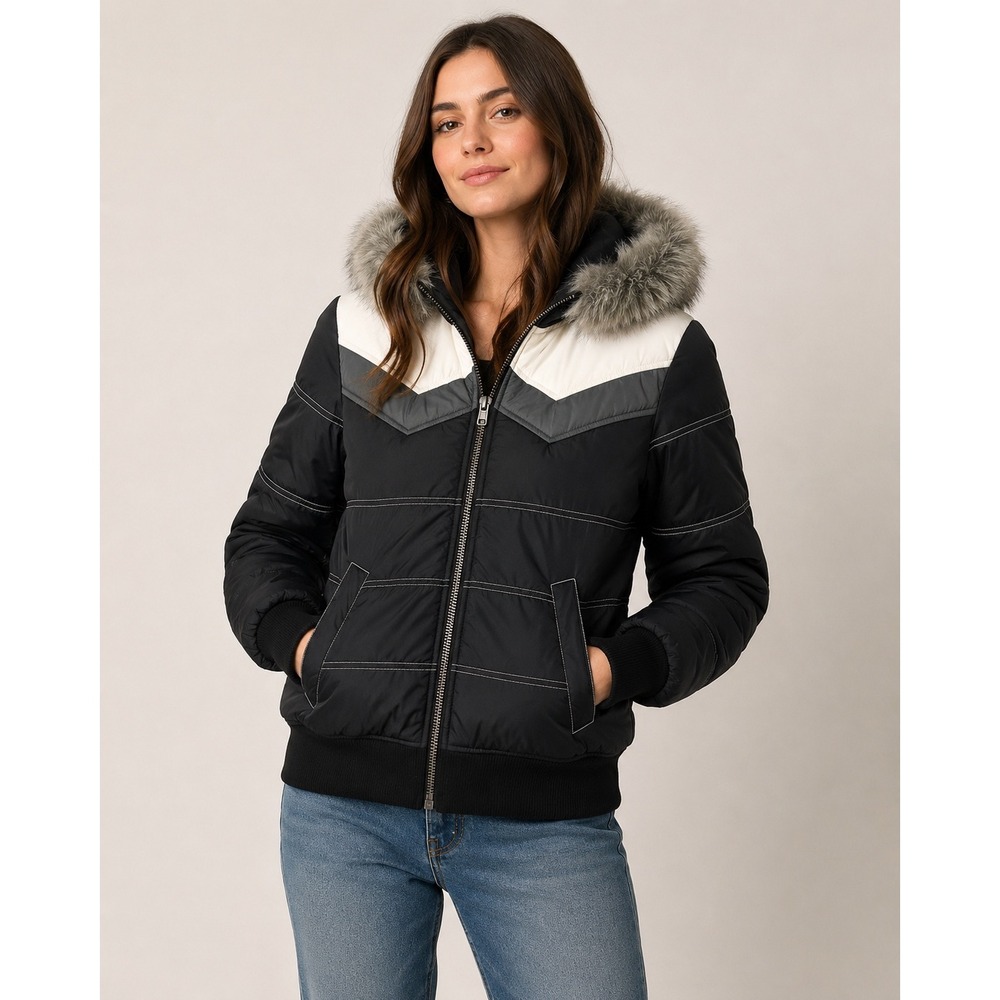 BB Dakota Women Black Puffer Jacket Faux Fur Hood Colorblock Chevron Bomber M